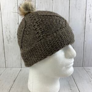 VTG Eddie Bauer Brown Cable Knit Wool Beanie Hat w/ Pom-Pom One Size